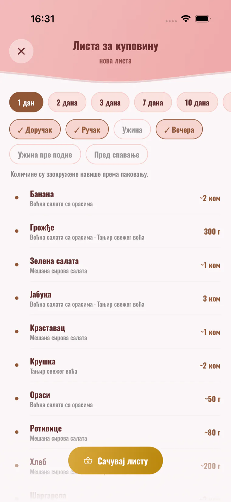 Листа за куповину: састојци сабрани по данима и оброцима
